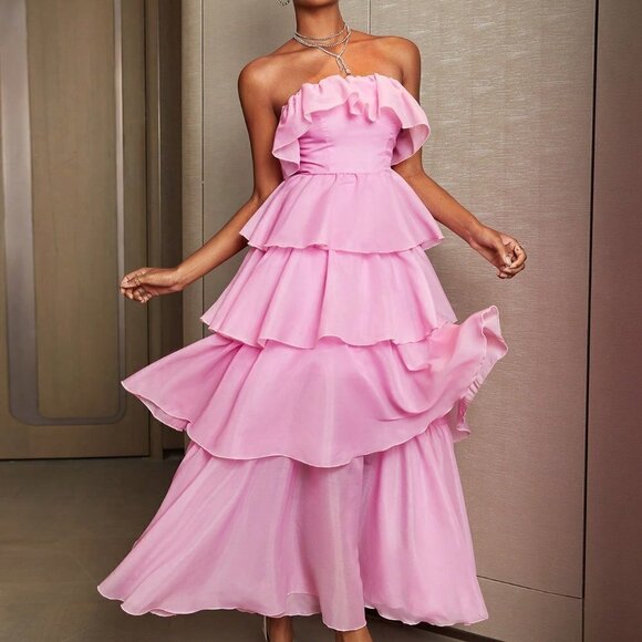 Pink Preppy Women's Ruffle Evening Tube Dress For Cocktail Party - Picture 3 of 5